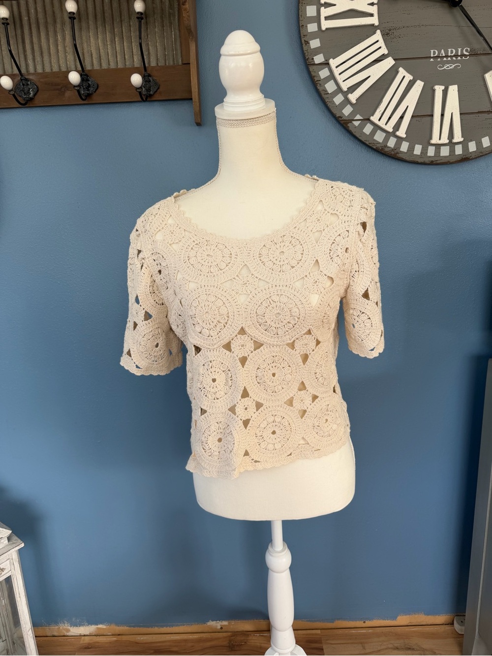 NanaMacs Beige Crochet Short Sleeve Top